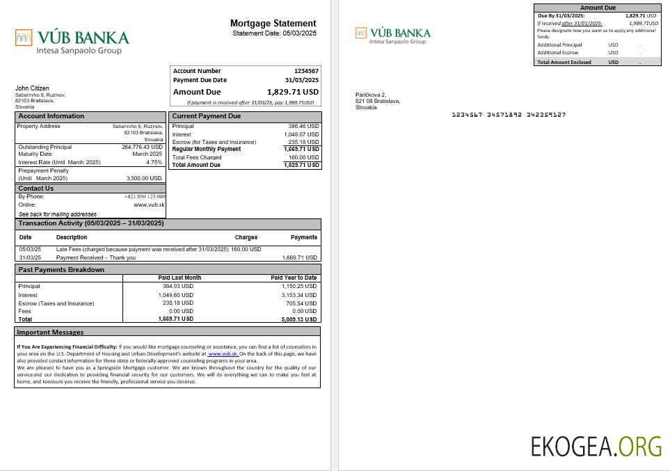 Relevé hypothécaire de la banque VUB Slovaquie aux formats Word et PDF